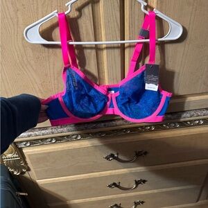 Blue and Pink Lace Underwire Bra